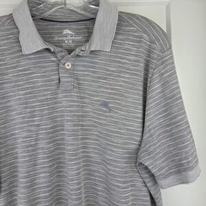 Tommy Bahama Mens Harbor Mist Gray Striped Polo Shirt Short Sleeve M